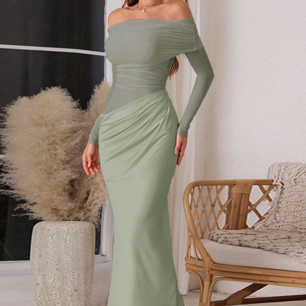Elegant Off-Shoulder Sage Green Dress - Picture 3 of 8